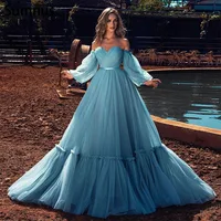 Sumnus Blue Off the Shoulder A-Line Prom Dresses Puff Sleeves Floor-Length Tiered Tulle Evening Dresses 2022 Formal Prom Gowns