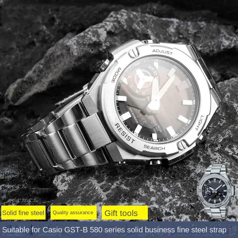 Фото Вогнутый ремешок из нержавеющей стали 316L для часов Casio G-SHOCK GST-B500 Series мужской ремешок серебристый черный браслет №2