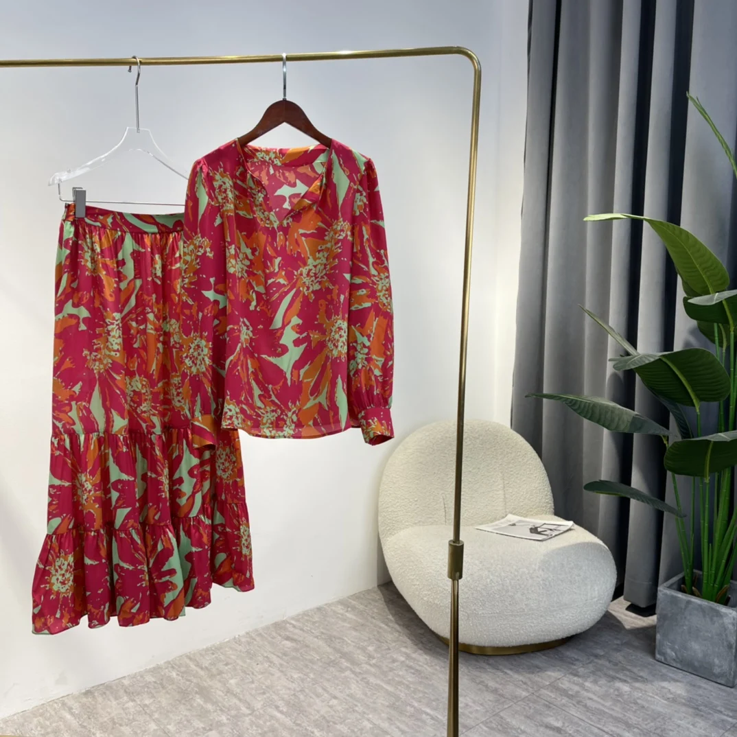 

Винтажный Шелковый костюм с длинной юбкой, зеленая, красная, оранжевая юбка с цветочным принтом и полуоткрытым воротником, весна 2022