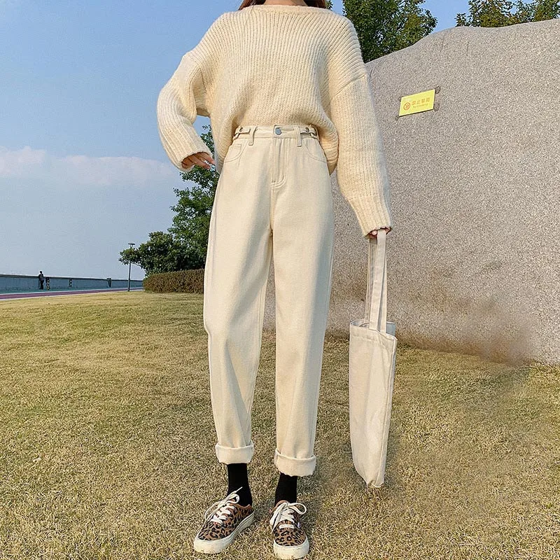 

White Pant Jeans Women High Waist Spring Cotton Harem Pants Korean Style Trousers Zipper Fly Loose Women's Pants Streetwear