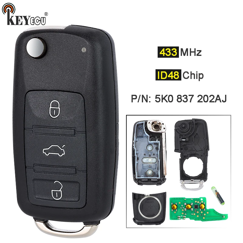 Чип KEYECU 433 МГц ID48 P/N: 5K0 837 202AJ Smart Remote Key Fob без ключа для Volkswagen Eos Beetle Caddy Golf Jetta Tiguan