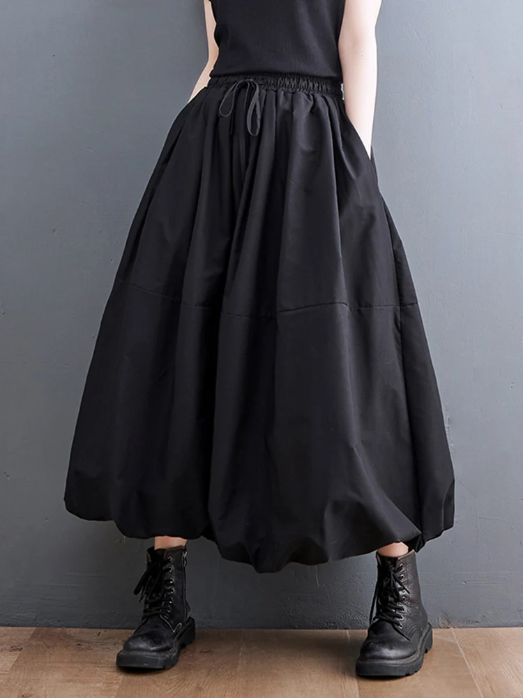 

Black Vintage High Waist Pleated Skirt Women Plus Size Fashion Drawstring Loose Casual Long Skirts Clothing Spring Autumn 2023