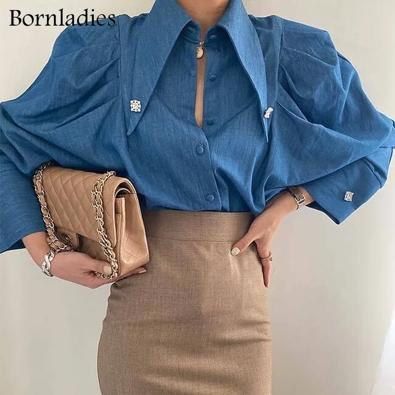 

Bornladies Casual Loose Turn-down Collar Solid Shirts Tops Full Sleeve Single-breasted Female Blouses 2022 Spring Blusas Femme