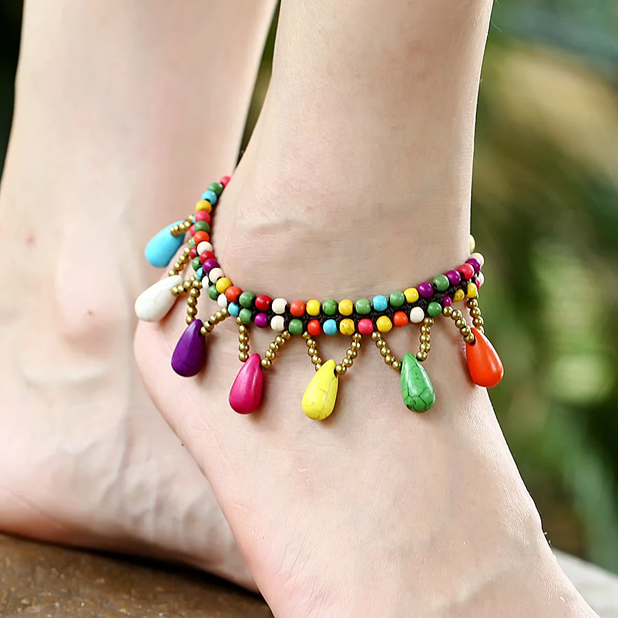 

Bohemian Semi-precious Stones Anklet Water Drop Foot Chains Handknit Ethnic Style Beach Catwalk Turquoise Feet Jewelry For Women