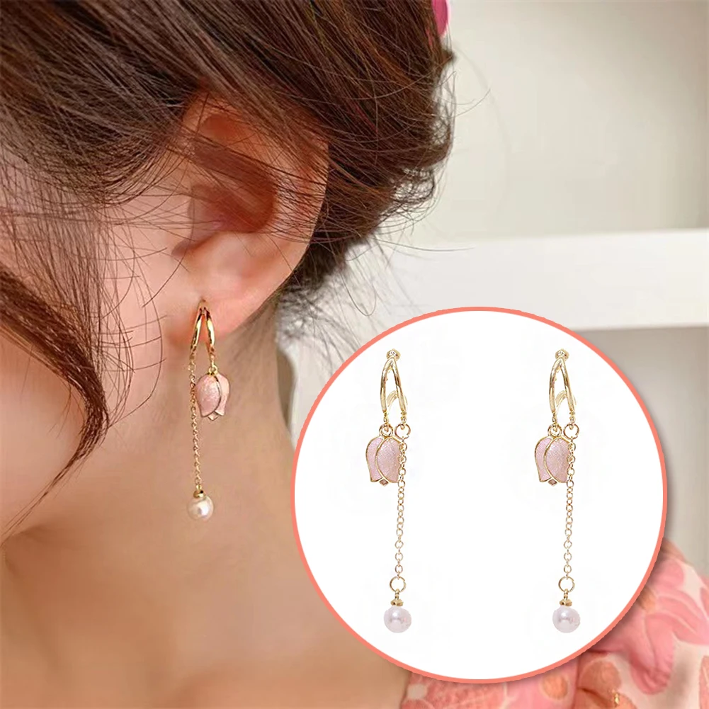 

Fashion Elegant Tulip Tassel Pearl Stud Earrings For Women Simple Exquisite Flower Earrings Wedding Party Fine Jewelry Gifts