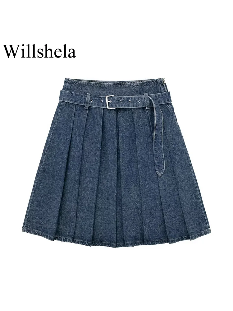 

Willshela Женская мода с поясом джинсовая синяя плиссированная боковая мини-юбка на молнии винтажная Высокая талия Женская шикарная юбка