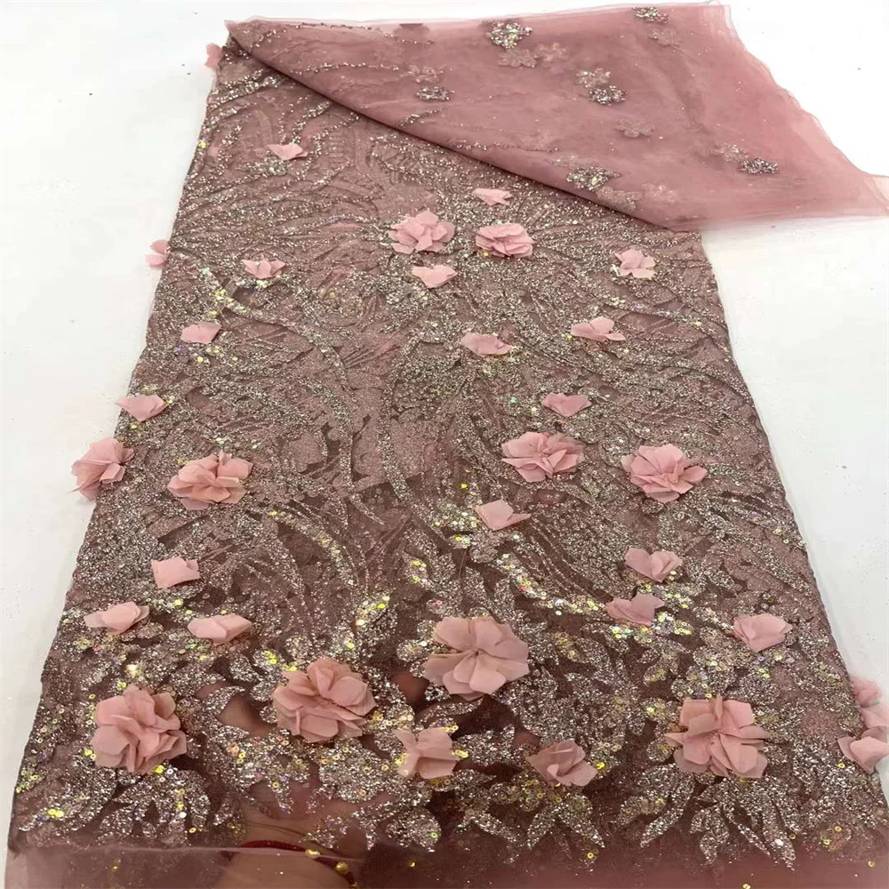 Африканская кружевная ткань с 3D цветами и блестками 5 ярдов 2024