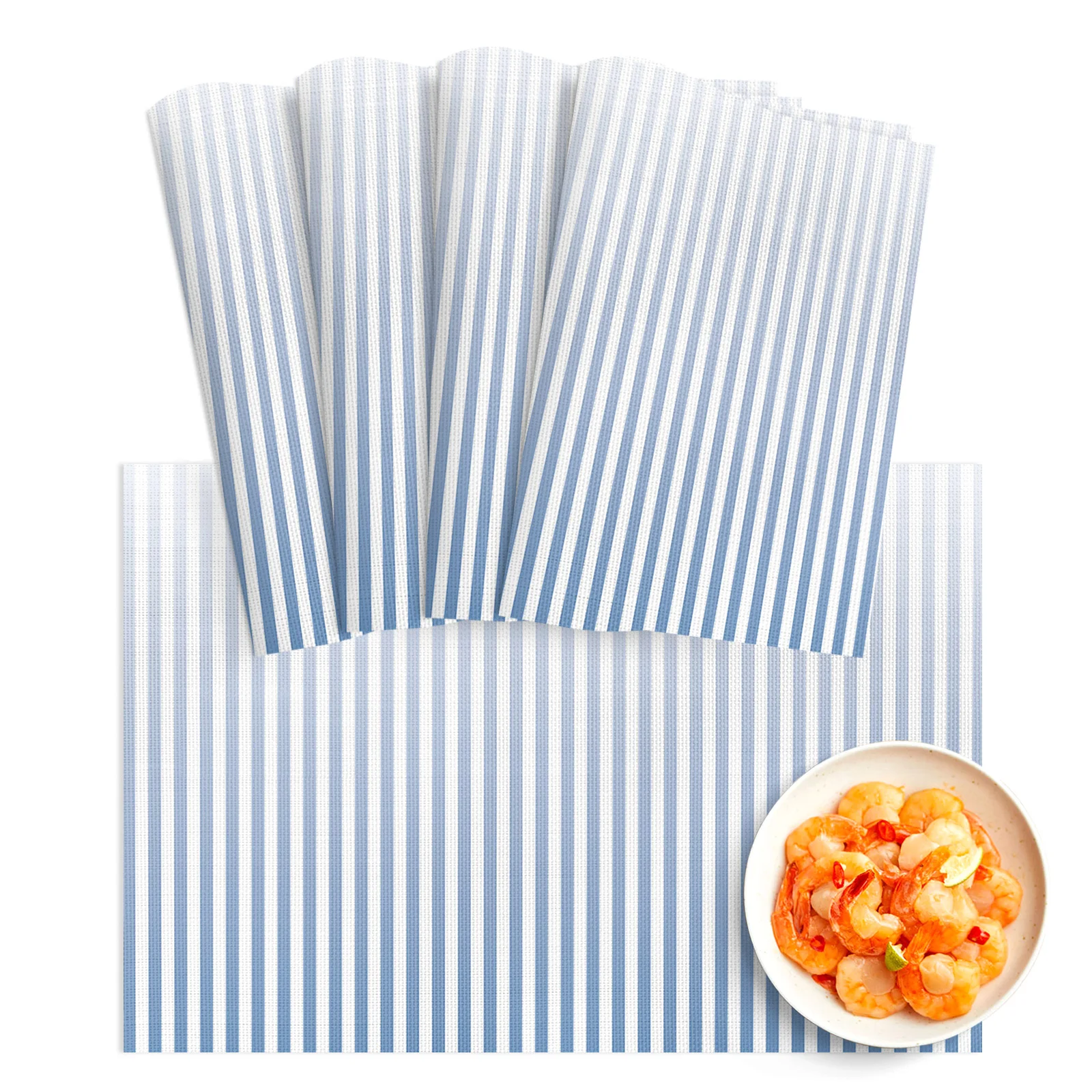 

4/6pcs Placemat Blue And White Gradient Pinstripe Restaurant Kitchen Accessories PVC Dining Table Mats Disc Bowl Coaster Pad