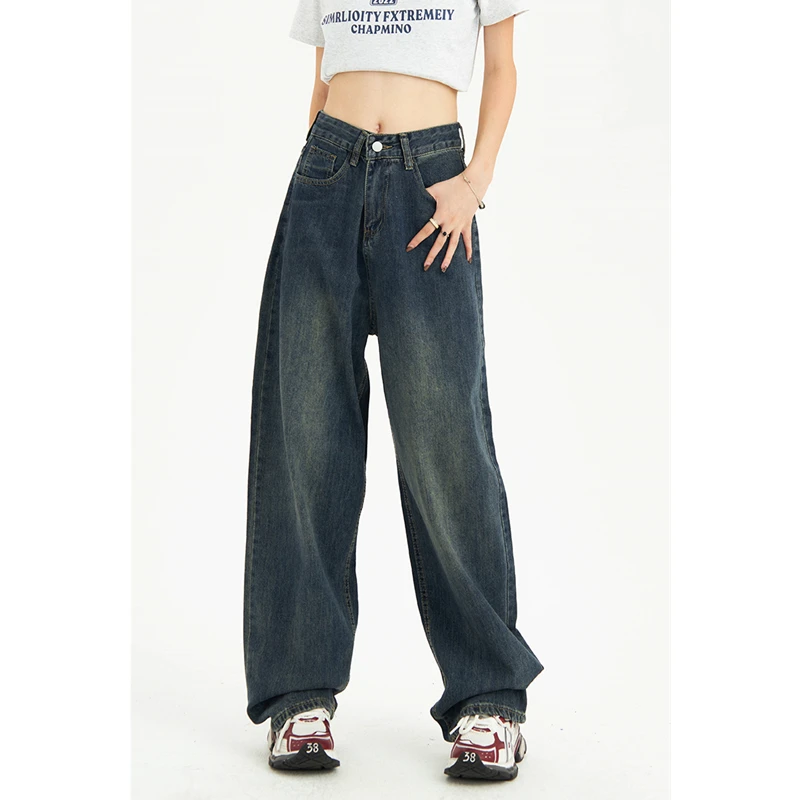 

Женские джинсы с высокой талией, американская мода, уличная одежда, джинсы с широкими штанинами, женские джинсовые брюки, прямые мешковатые ...