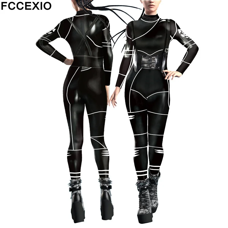 FCCEXIO Wednesday Battle Day Print Women Sexy Skinny Jumpsuit Carnival Cosplay Fancy Bodysuit Festival Party Elastic Rompers