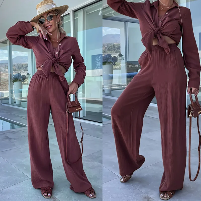 

2023 Autumn And Winter New Lapel Long Sleeve Shirt Straight Trousers Button Fashion Suit Women Y2k Two-piece Suit