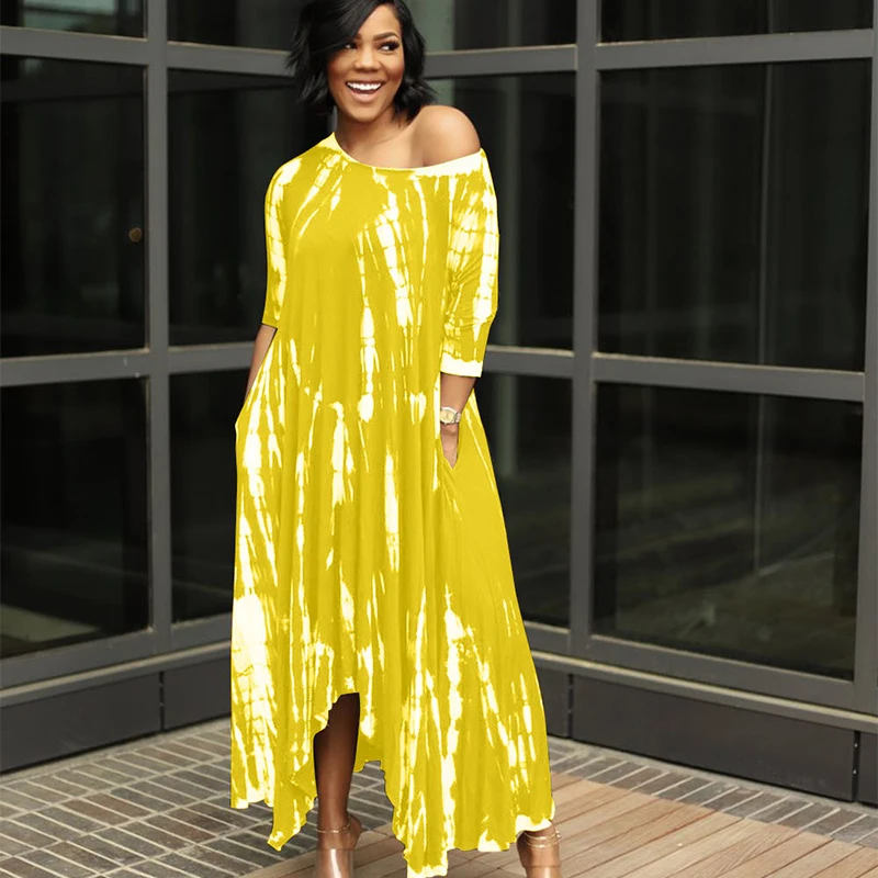 

2021 New Style Long Dress Wide Neck Tie-Dye Dress With Pockets Casual Round Neck Lrregular Hem Loose Dresses Daily Commute Wear