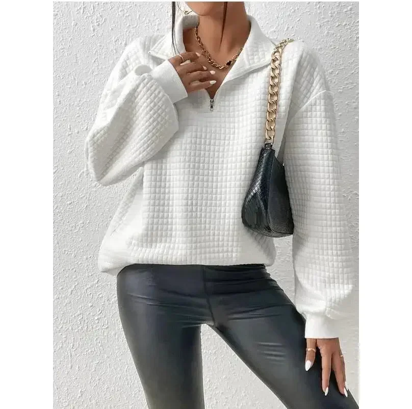 

Fall 2023 Fashion Waffle Solid Color Sweatshirt Hoodie Women Stand Up Collar Zipper Long Sleeve Panel Pullover
