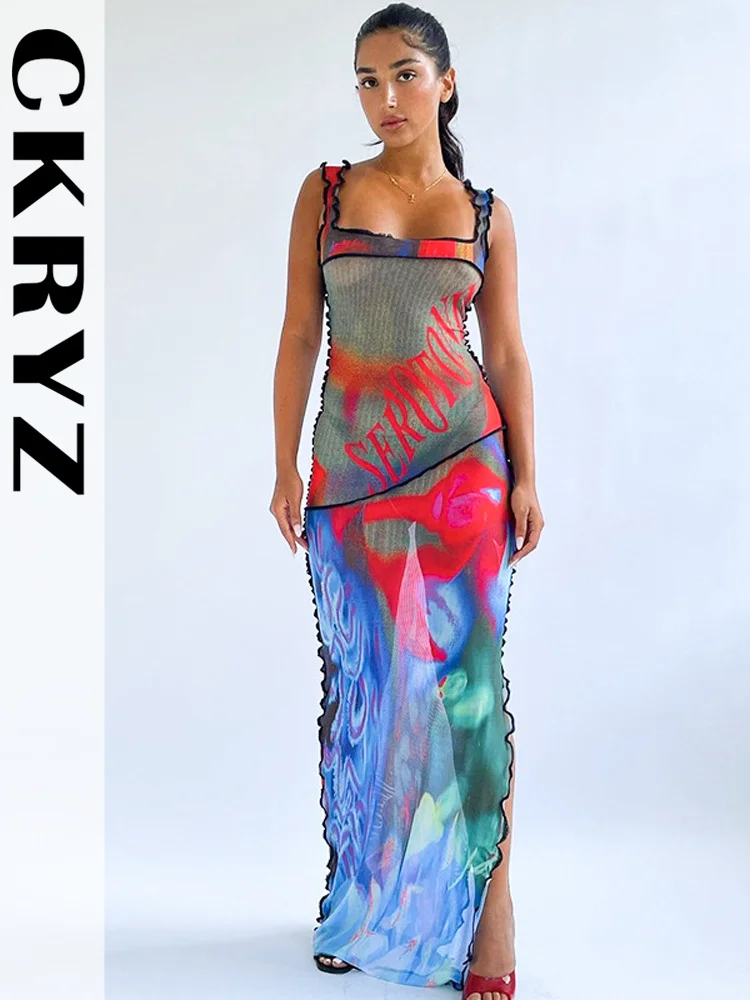 

Женское летнее Сетчатое платье-макси с рюшами и принтом, Y2K