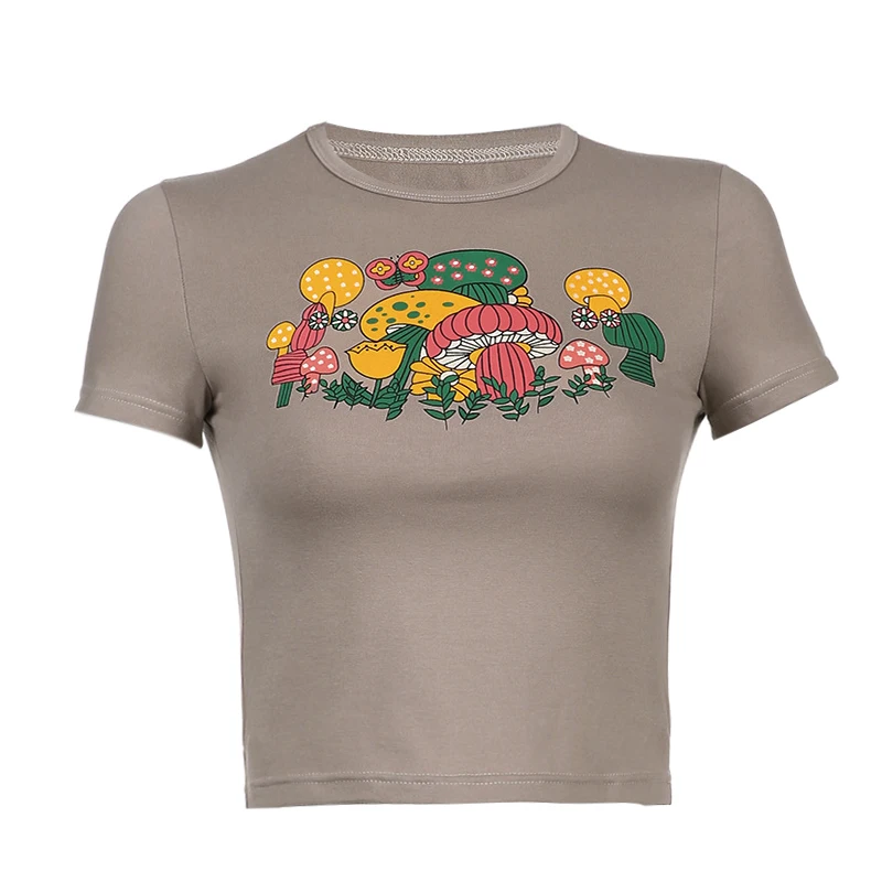 

Indie Aesthetics Mushroom Pattern Baby Tees Y2K Streetwear O-Neck Short Sleeve Kawaii Crop Tops 90S Fashion T-Shirts