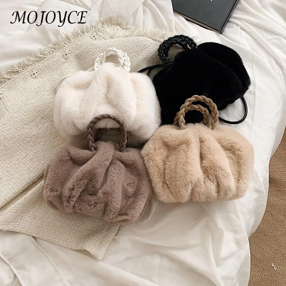 

Female Fluffy Solid Color Shoulder Bag Women Weave Handle Small Womens Plush Bag Retro All-match Small Bag