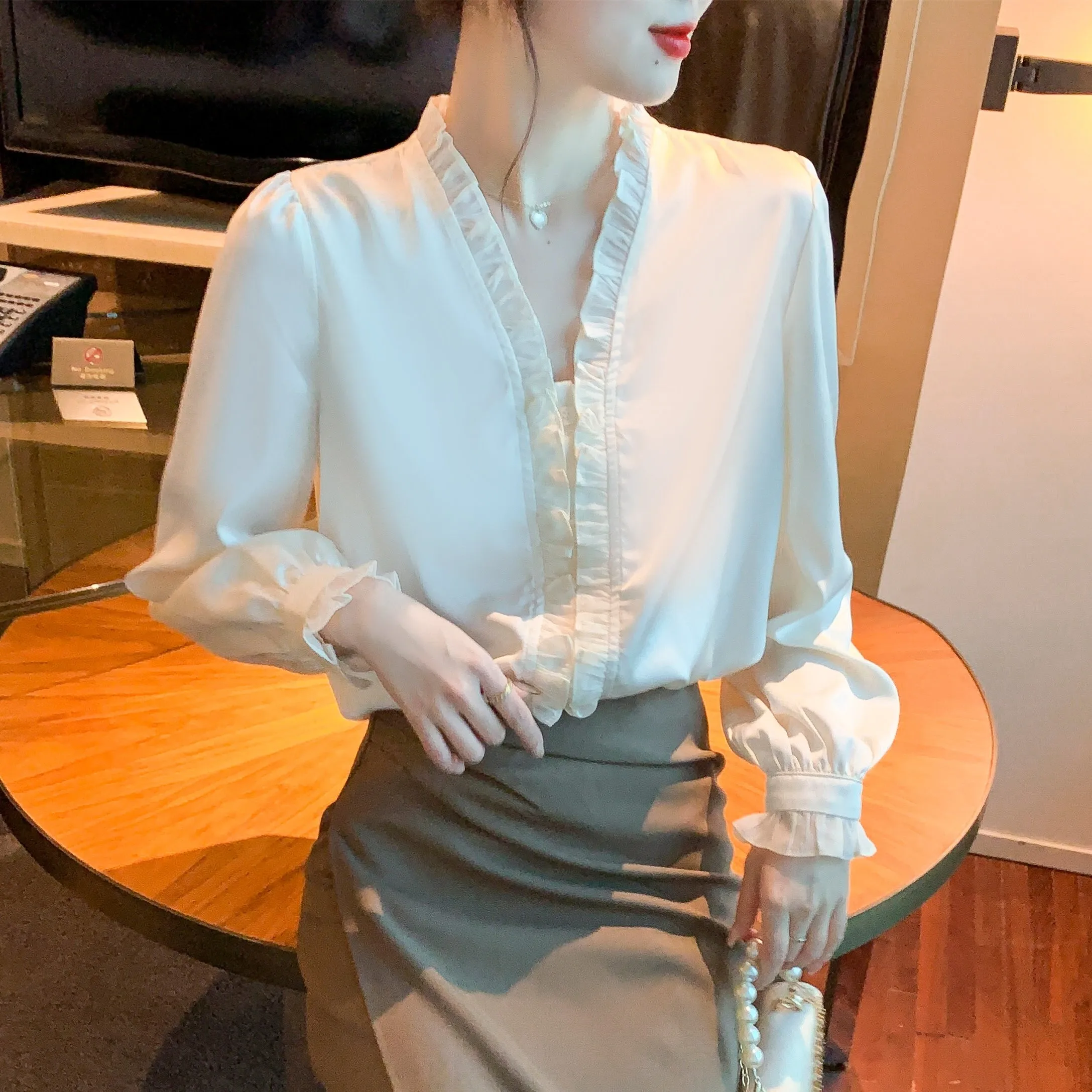 

Women's Elegant Ruffle Long Sleeve Chiffon Shirt Spring Autumn Solid Color Office Wear Shirt Lady Basic Blouse Top