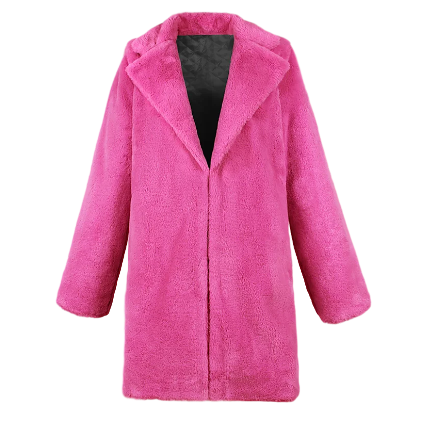2022 Women Rose Red Faux Fur Long Teddy Coat Autumn Winter Female Casual Warm Overcoat Elegant Ladies Turn-down Collar Parka