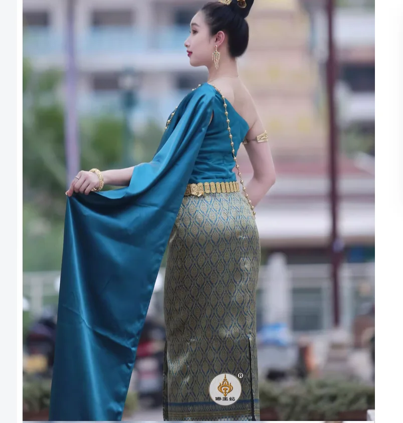 Традиционный тайский Женский костюм с одним плечом и драпированной вуалью