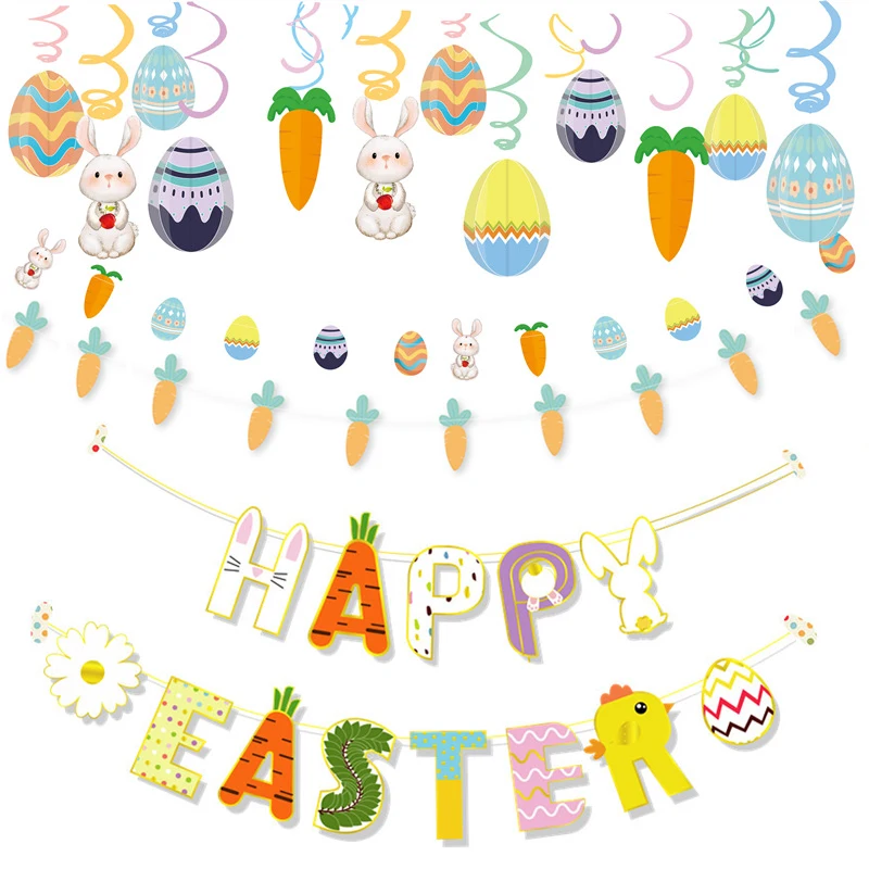 

Happy Easter Swirl Banner Garland Carrot Egg Rabbit Bunny Hanging for Easter Themed DIY Party Decoration