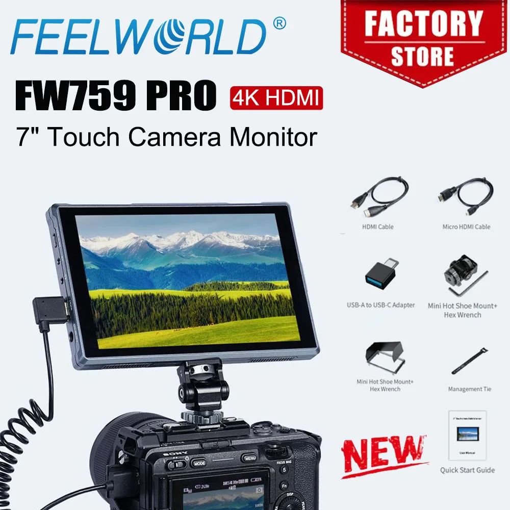 Фото FEELWORLD 7-дюймовый видеомонитор для камеры FW759 PRO с сенсорным экраном, 4K HDMI, 1280x800 IPS №1