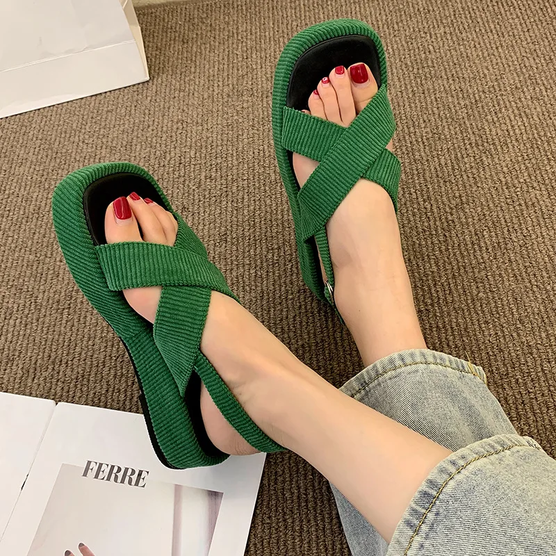 

Shoes Woman 2022 Low Flock Slipper Rome Slides Hoof Heels Rubber Fabric Shoes Woman 2022 Flock Low Slipper Rome Fabric Slides Ho