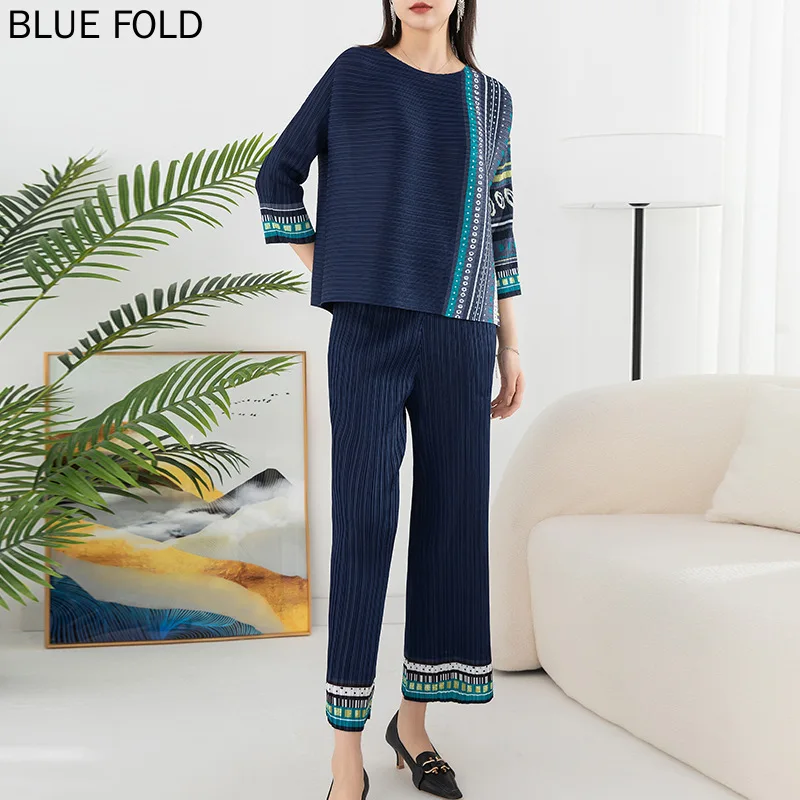 Плиссированный Модный повседневный комплект с принтом для женщин пуловер