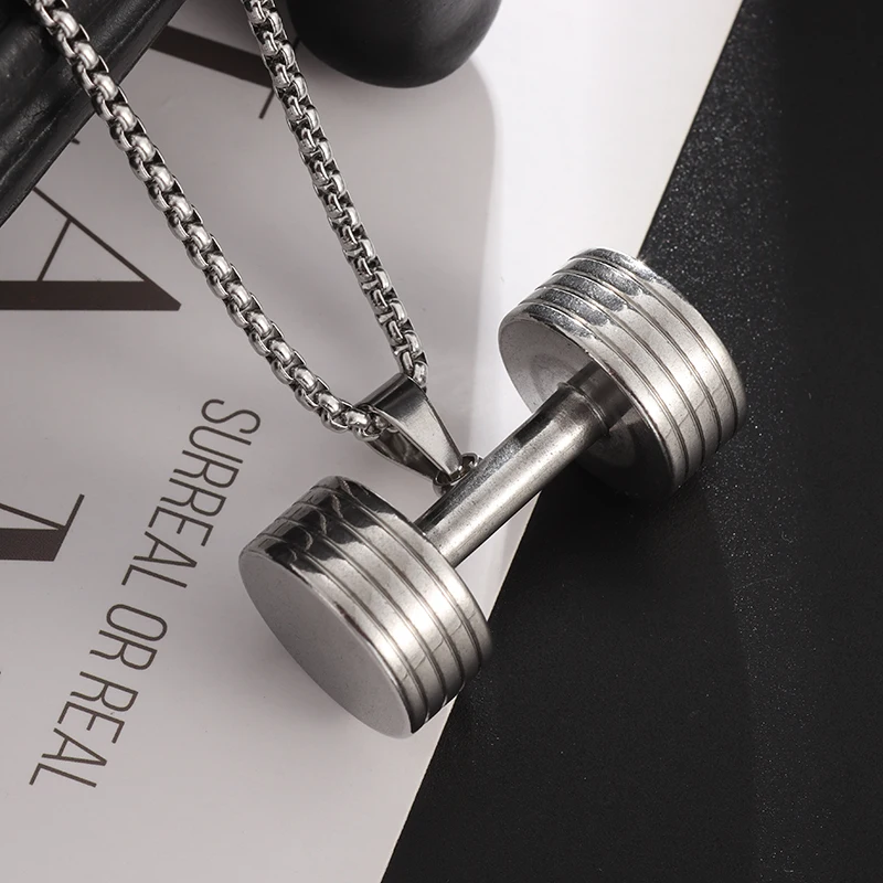 

Fashion Exquisite Fitness Style Stainless Steel Large Five-Tier Dumbbell Pendant Necklace Men Casual Simple Sports Jewelry Gift