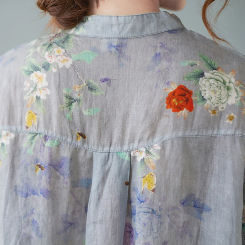 2022 Summer New Arts Women Short Sleeve Stand Collar Loose Shirt Vintage Flower Print Cotton Linen Blouse Female Tops C246 |