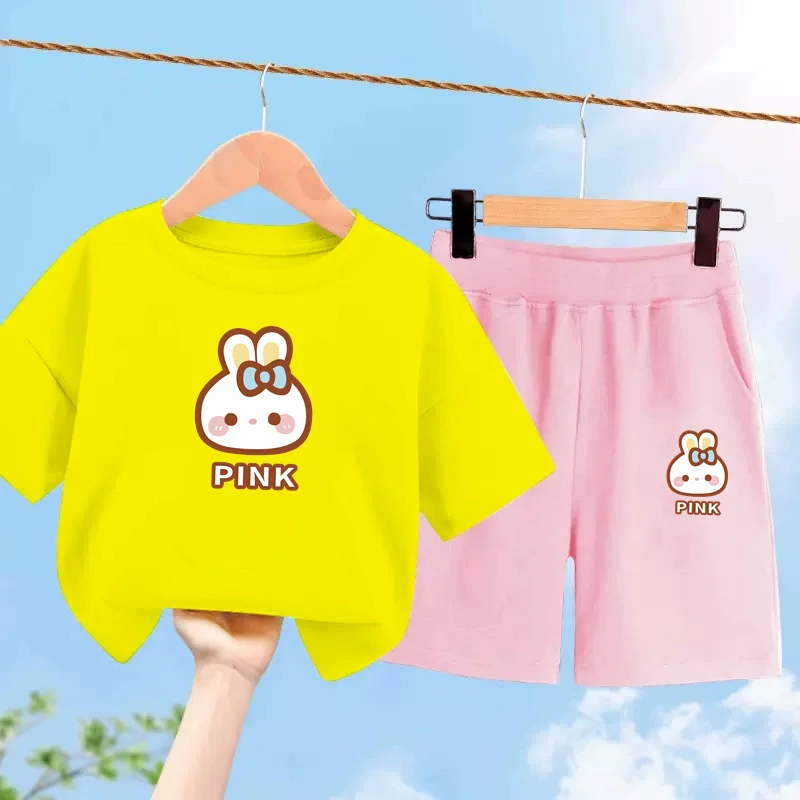 Модный комплект для девочек розовый топ с кроликом летние шорты детская одежда