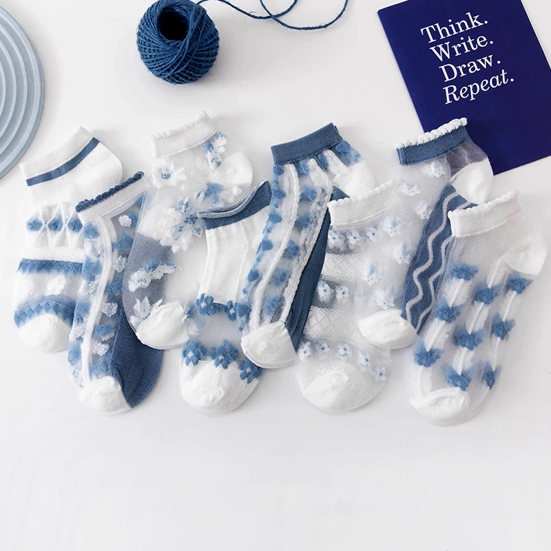 

8Pairs New Women Summer Hollow Breathable Sock Short Flower Invisible Ultra Thin Comfortable Cool High Quality White Socks