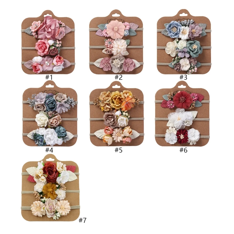

67JC 3Pcs Newborn Infant Baby Girls Floral Headbands Set Artificial Flower Leaves Crown Elastic Hair Band Toddler Headwrap Props