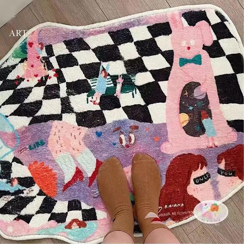 

Cartoon Rug Irregular Ins Checkerboard Graffiti Rug Cute Soft Bathroom Coffee Non-slip Faul Wool Furry Carpet Absorbent Door Mat