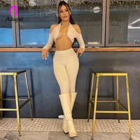 fitness women tracksuits halter hollow out 2 piece set sexy solid off shoulder long sleeve cleavage crop tops skinny pants suit
