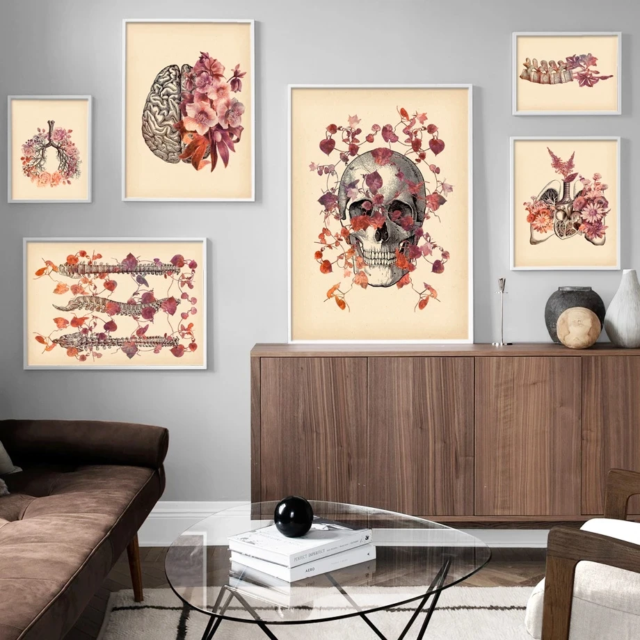 

Modular Picture Vintage Lung Skull Spine Poster Human Anatomy Medicine Canvas Painting Wall Art Home Decor Bedside Background