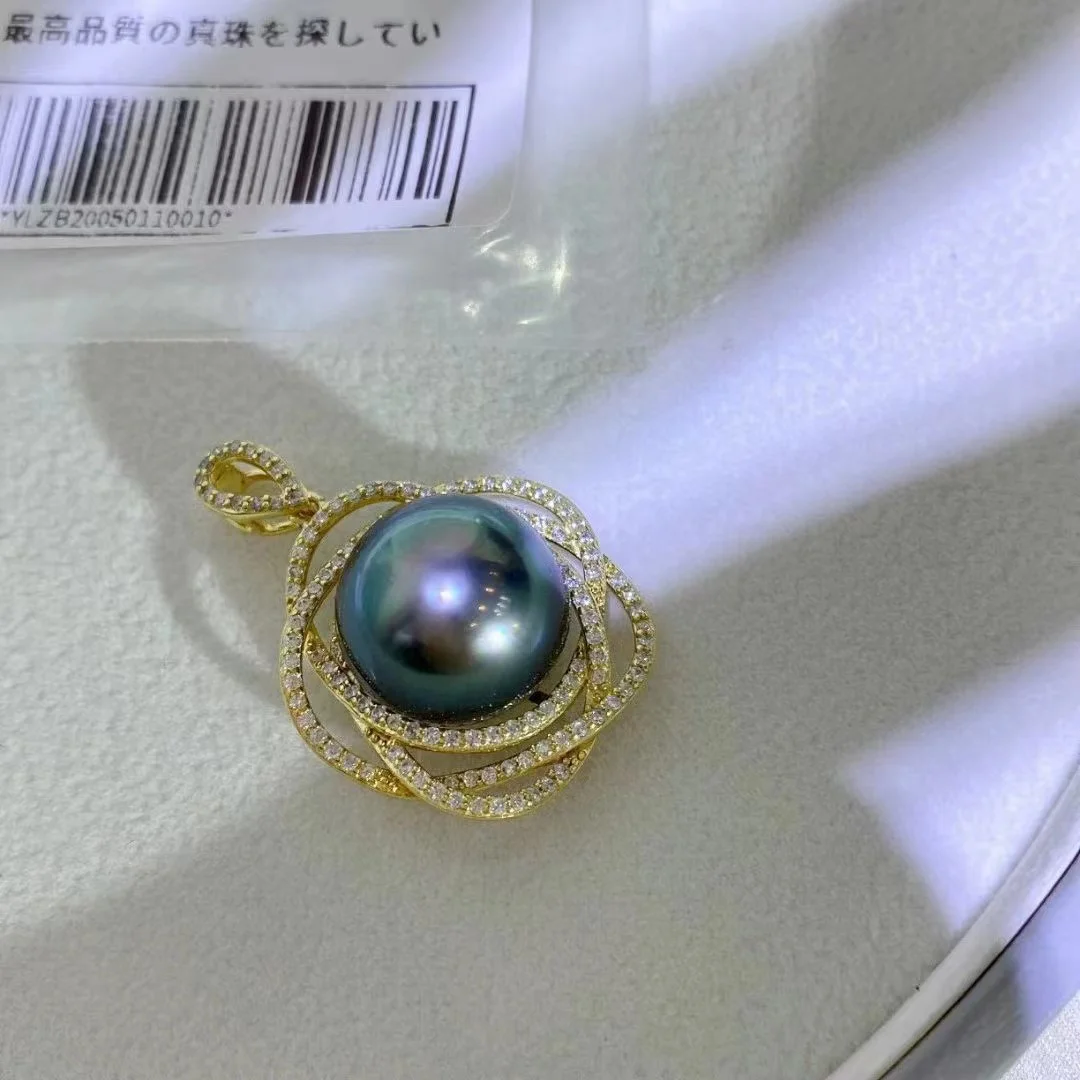 

925 Sterling Silver Fashion 12-13mm Black Pearl Pendant for Women Real Tahitian Round Pearl Fine Anniversary Jewelry Gifts