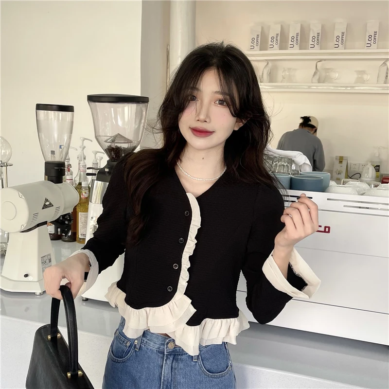 Кроп-рубашка Y2K женская с оборками милая блузка свободного покроя в Корейском