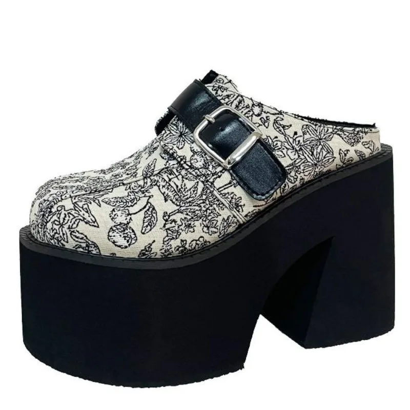 Женские туфли на квадратном каблуке 11 см черные с ремешком пятке шлепанцы