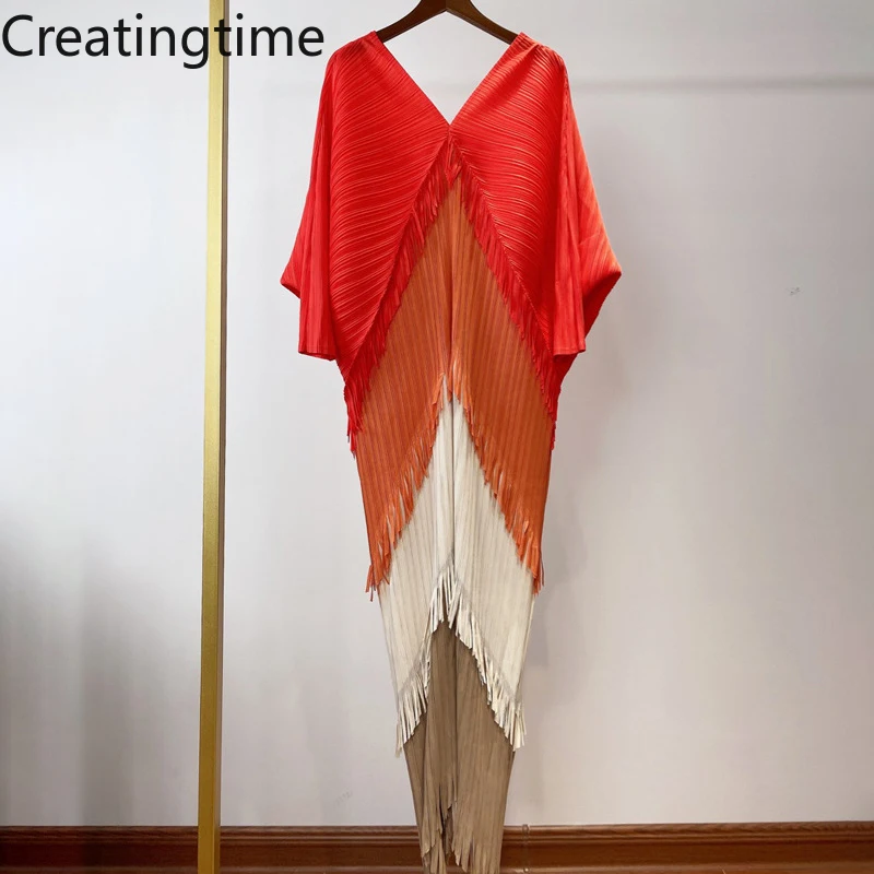 

Женское плиссированное платье Creatingtime, свободное платье контрастных цветов с бахромой, V-образным вырезом и рукавом «летучая мышь», модель GA957 на лето, 2023