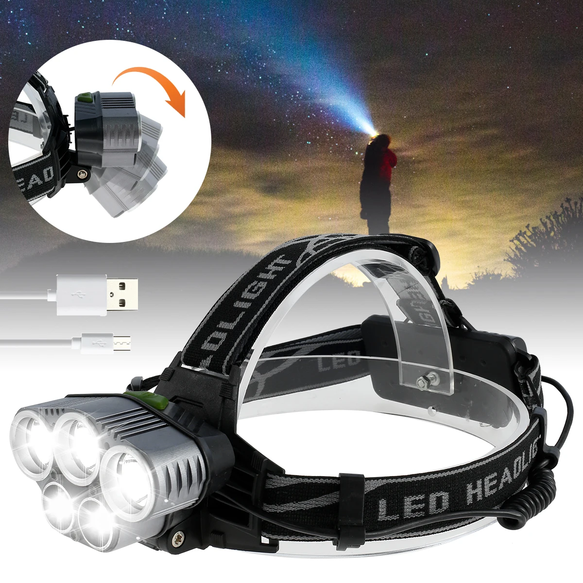 

Solar LED Light 5LEDs Headlamp 2200LM Headlight IPX5 Waterproof Head Torch Light 4400mAh USB Rechargeable Head Flashlight with 6