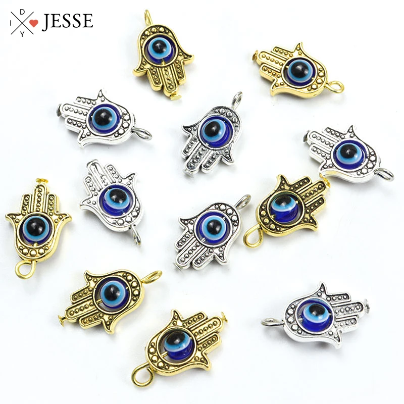 

10pcs Hamsa Hand Fatima Blue Turkish Evil Eye Charms Lucky Devil Eye Pendants For Making Amulets Necklaces Earrings DIY Findings