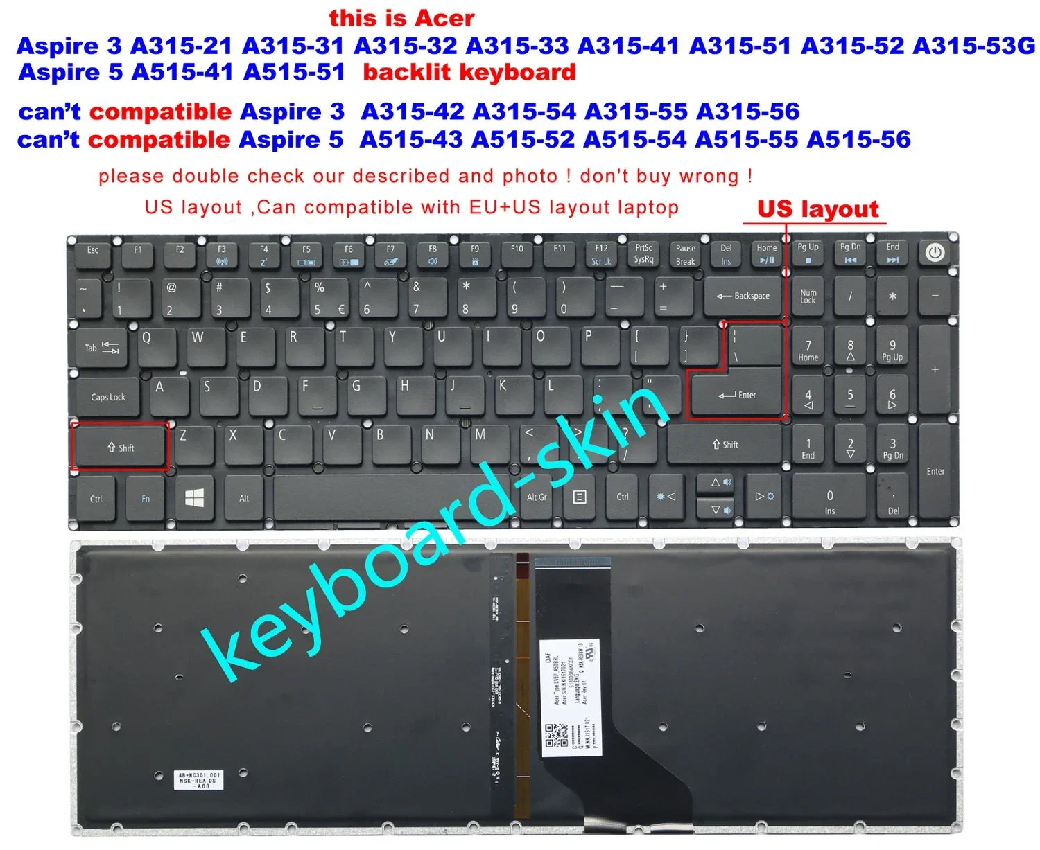 Новая клавиатура США с подсветкой для Acer Aspire 5 A515-41 A515-41G A515-51 A515-51G 3 A315-51G A315-52G A315-41G