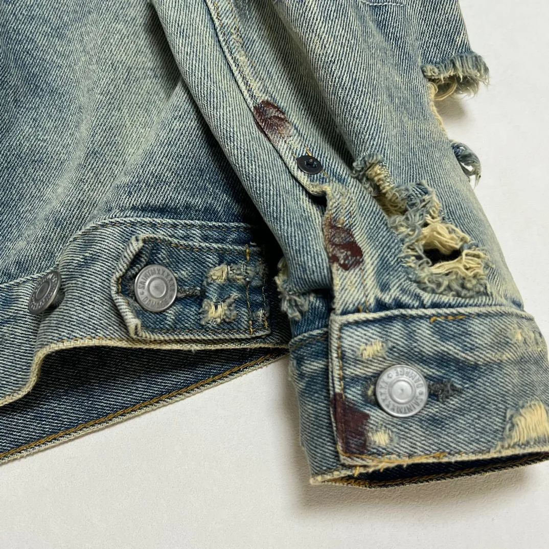 2024aw Высокое качество Saint Mxxxxxxx Промытая винтажная рваная куртка для мужчин