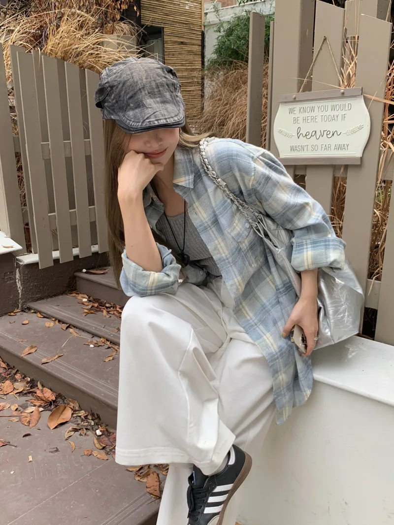 Корейская серия клетчатые рубашки с длинными рукавами женские осенние