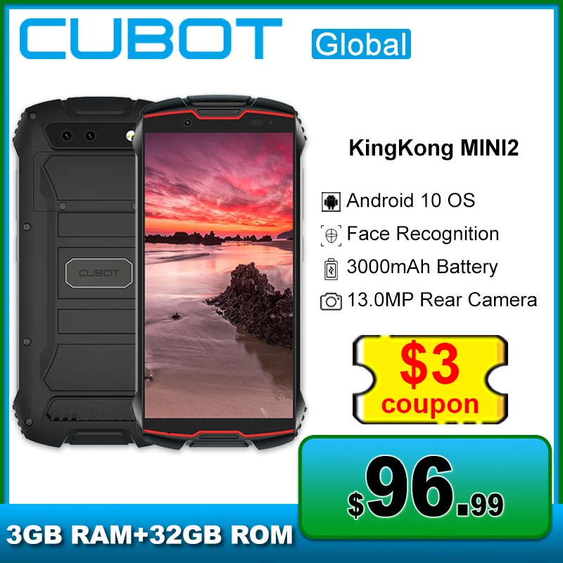 Cubot KingKong Mini 2 Rugged Phone Android 10 4.0″ QHD+ Display Dual-SIM 3GB+32GB Smartphone Face Recognition MT6761Quad-Core