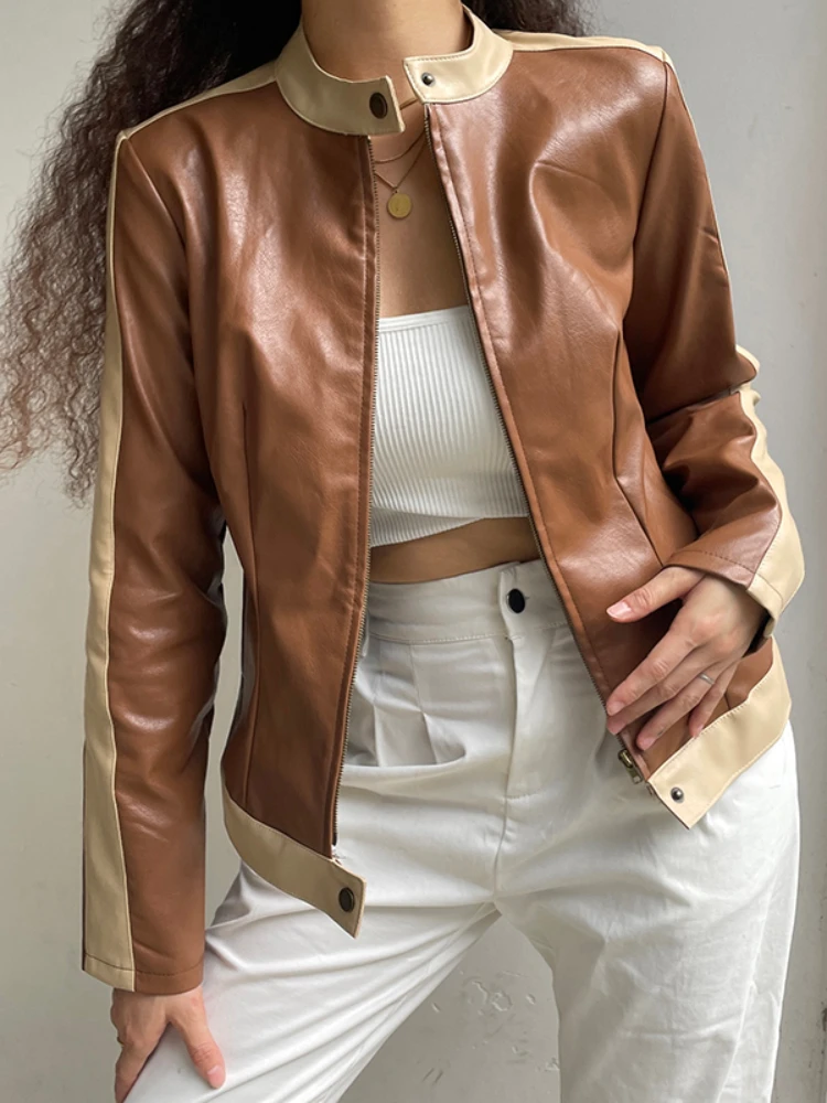 YIKUO Brown Faux Leather Zip Up Coats Women Contrast Patchwork Full Sleeve Bomber Racing Jackets Vintage Street Style Outwear