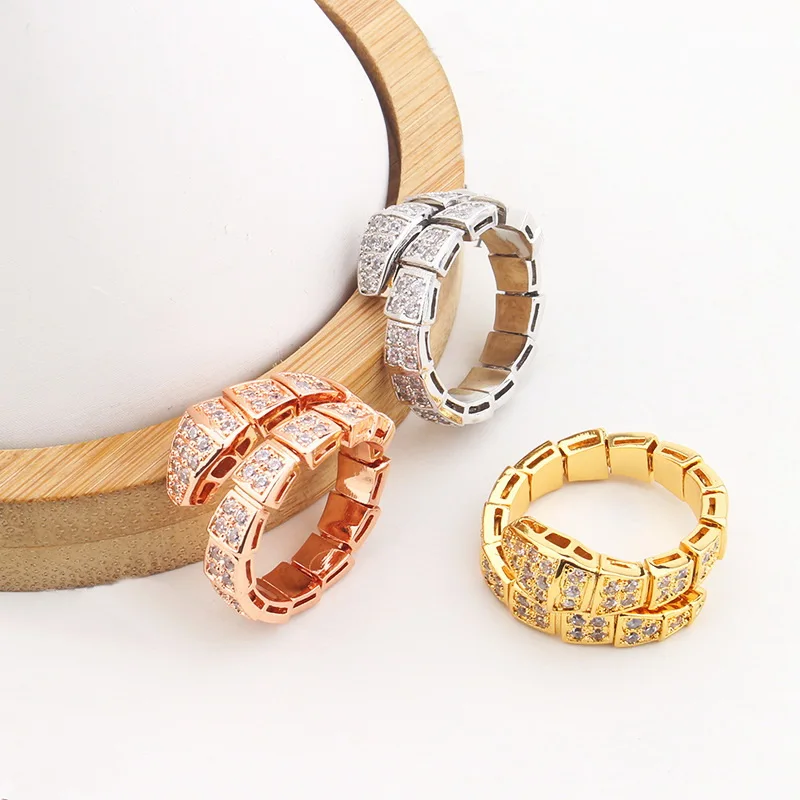 Europe America Designer Luxury Women Lady Inlaid Full Czech Zircon Single Circle Snake Snakelike Plated Gold Color Open Ring