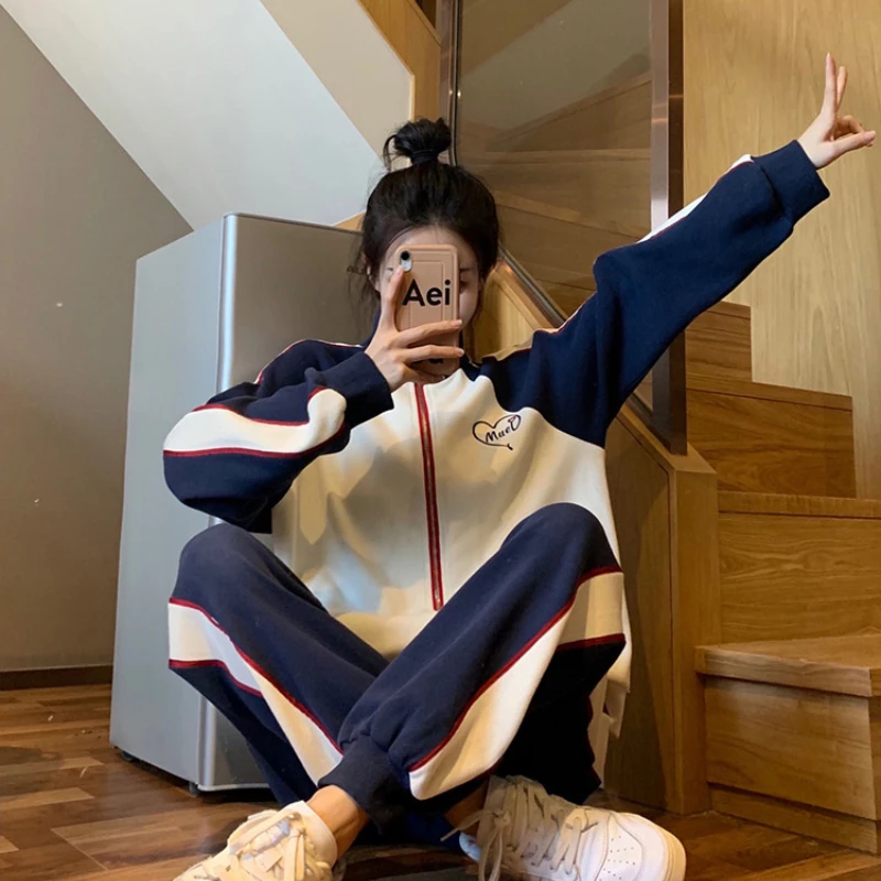 

Women Two Piece Set Outfits Autumn Female Tracksuit Zipper Top and high waist Pants Casual Sport Suit Two Piece Wide Leg Set G67