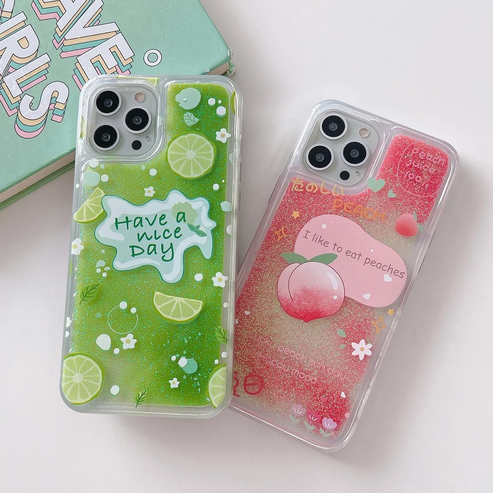 

Liquid Quicksand Green Lemon Honey Peach Phone Case For iPhone14 13 12 11 Plus Max X XS XR 6 7plus Glitter Quicksand Cover