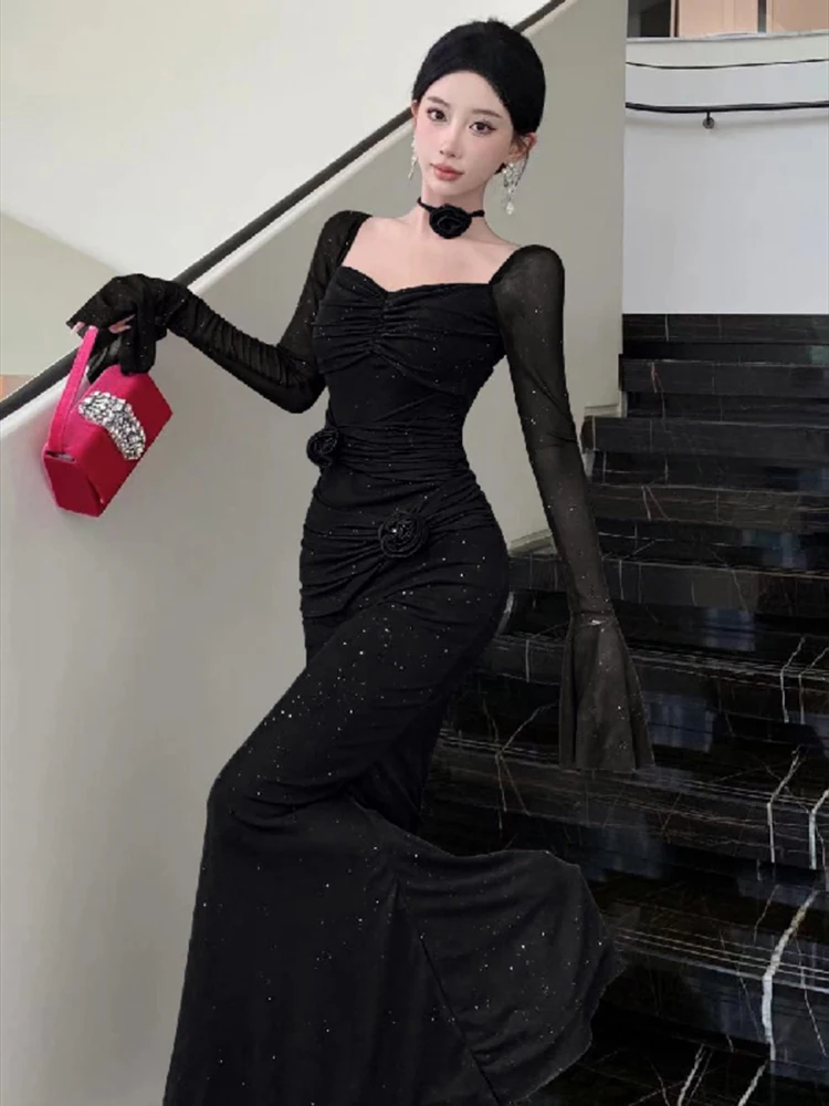 Сексуальное сетчатое облегающее платье макси для женщин с расклешенными